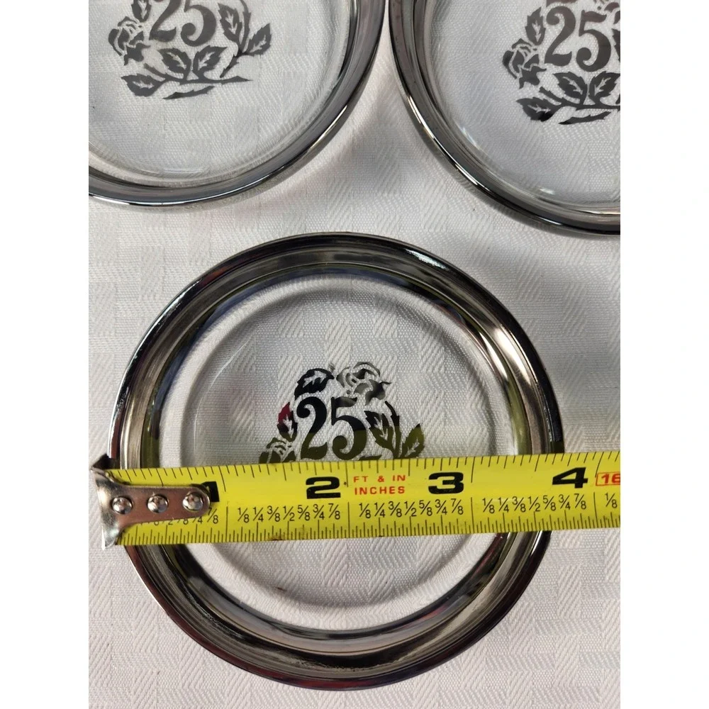 Vtg Set of 7  25th Anniversary Coasters Clear Glass w Platinum / Silver Edging